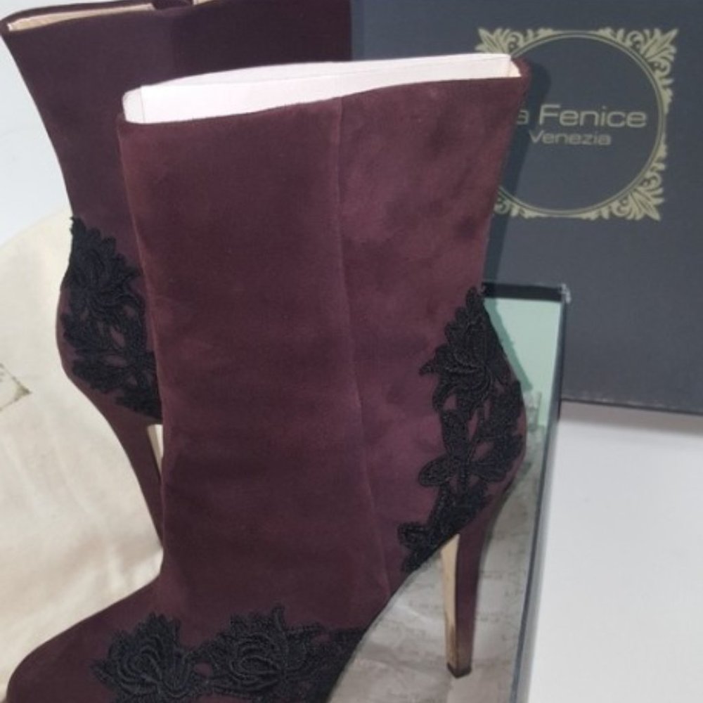 LA FENICE Venezia Burgundy Suede Ankle Boots 7.5M  Vero Cuoio Greenwich